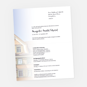 Leidzirkular mit Appenzeller Häuser. Einladung zur Trauerfeier in der Farbe weiss.