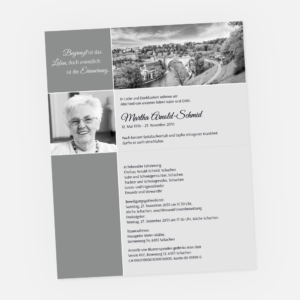 Leidzirkular mit der Berner Untertorbrücke und der Aare. Einladung zur Trauerfeier in der Farbe grau.