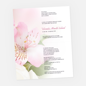 Leidzirkular mit rosa Blumen. Einladung zur Trauerfeier in der Farbe pink online gestalten.