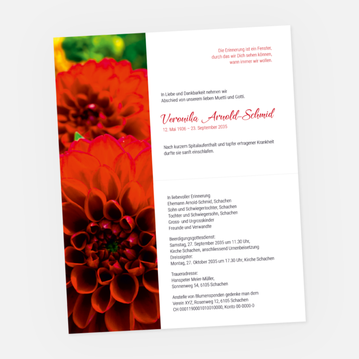 Leidzirkular mit roten Dahlien. Einladung zur Trauerfeier in der Farbe rot drucken.