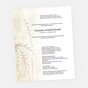 Leidzirkular mit Kornhalm. Einladung zur Trauerfeier in der Farbe schwarz drucken.