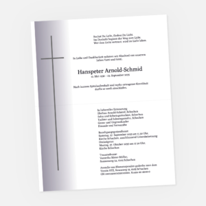 Leidzirkular mit Kreuz und grauem Farbverlauf. Einladung zur Trauerfeier in der Farbe schwarz online gestalten.