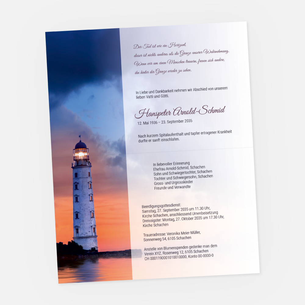 leidzirkular-einladung-trauerfeier-leuchtturm-st-88163-010-vorschau1 Leidzirkular mit Leuchtturm bei Abendrot. Einladung zur Trauerfeier in der Farbe violett online gestalten.