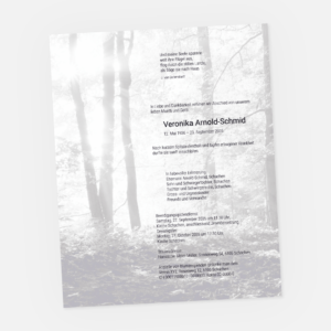 Leidzirkular mit Lichtstrahl im Wald. Einladung zur Trauerfeier in der Farbe schwarz online bestellen.