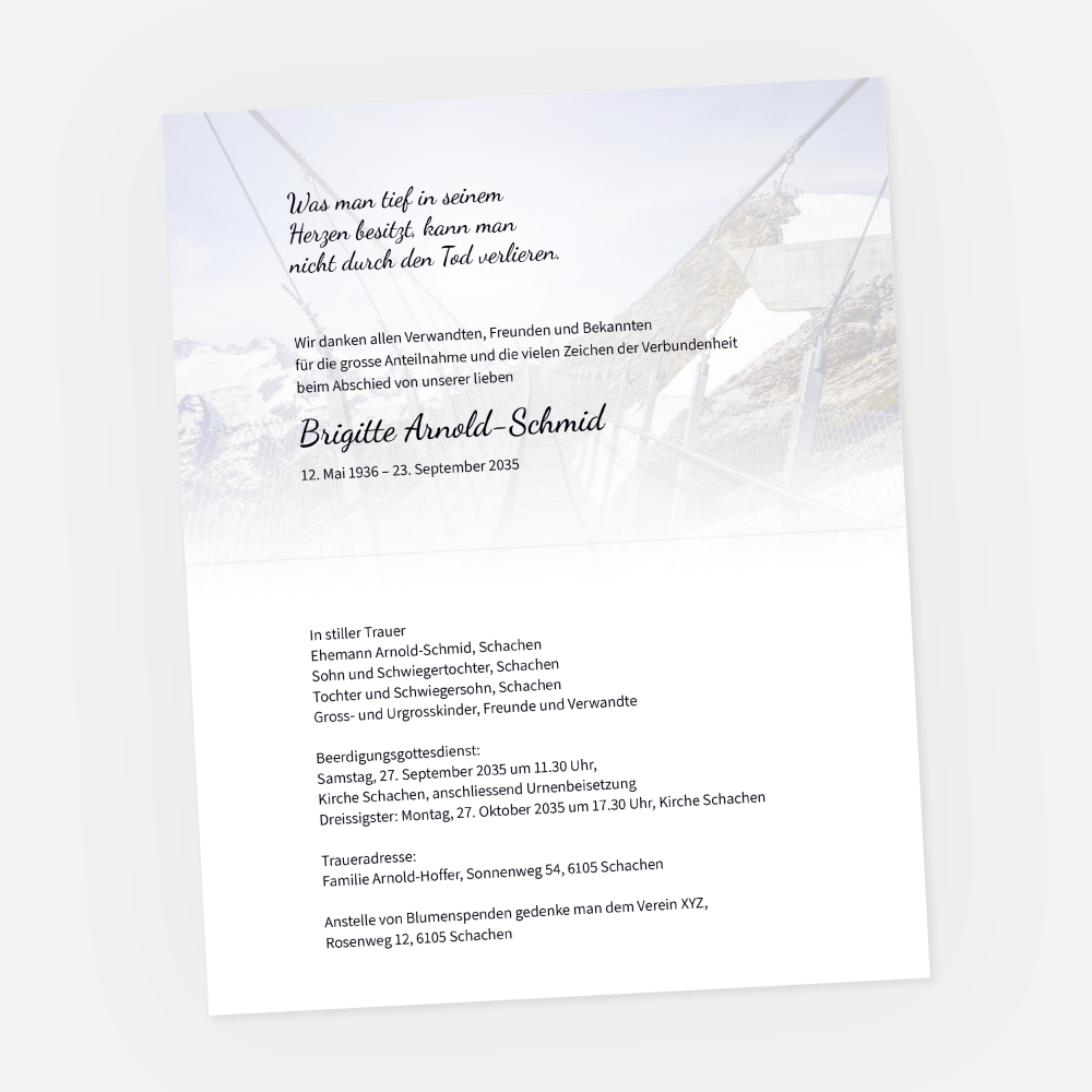 leidzirkular-einladung-trauerfeier-obwalden-titlis-skywalk-st-88178-010-vorschau1 Leidzirkular mit Hängebrücke auf dem Titlis in Obwalden. Einladung zur Trauerfeier in der Farbe schwarz online gestalten.