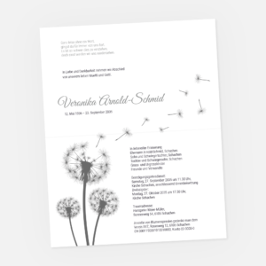 Leidzirkular mit Pusteblume bei diesen die Samen wegfliegen. Einladung zur Trauerfeier in der Farbe grau online gestalten.