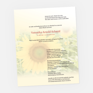 Leidzirkular mit Sonnenblume. Einladung zur Trauerfeier in der Farbe gelb online gestalten.