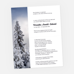 Leidzirkular mit verschneiter Winterlandschaft. Einladung zur Trauerfeier in der Farbe schwarz online gestalten.