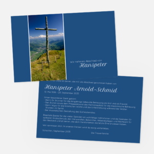 Danksagungskarte mit Kreuz auf der Rigi. Einladung zur Trauerfeier in der Farbe blau online gestalten.