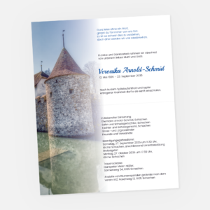 Leidzirkular mit Schloss Hallwyl. Einladung zur Trauerfeier in der Farbe blau drucken.