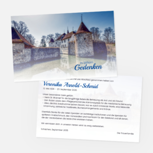 Danksagungskarten mit Schloss Hallwyl. Einladung zur Trauerfeier in der Farbe blau drucken.