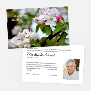 Danksagungskarten mit Apfelblüten. Einladung zur Trauerfeier in der Farbe weiss drucken.