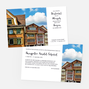 Danksagungskarten mit Appenzeller Häuser. Einladung zur Trauerfeier in der Farbe weiss.