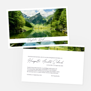 Danksagungskarten mit dem Seealpsee in Appenzell Innerhoden. Einladung zur Trauerfeier in der Farbe weiss online gestalten.