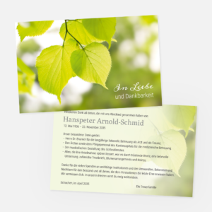 Danksagungskarten mit Birkenblätter. Einladung zur Trauerfeier in der Farbe grün bestellen.