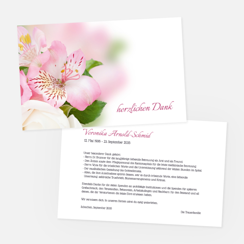 Danksagungskarten mit rosa Blumen. Einladung zur Trauerfeier in der Farbe pink online gestalten.