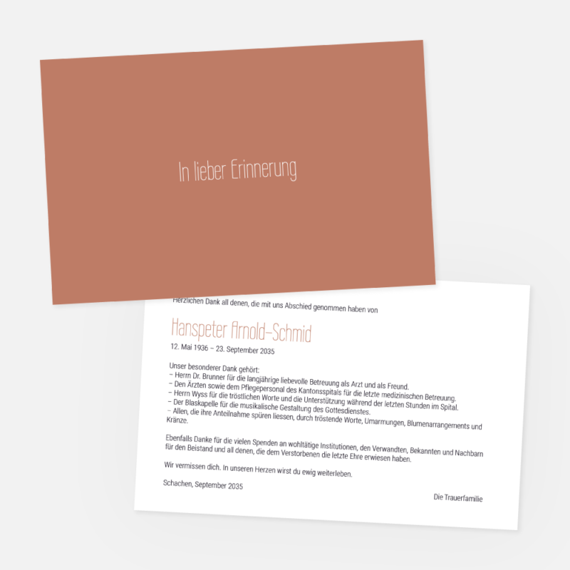 Danksagungskarten mit edler Schriftzug. Einladung zur Trauerfeier in der Farbe orange online gestalten.