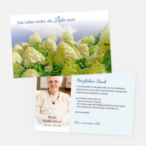 Danksagungskarten mit gelben Hortensien. Einladung zur Trauerfeier in der Farbe blau drucken.