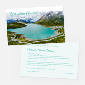 Danksagungskarten mit Lago Bianco in Graubünden. Einladung zur Trauerfeier in der Farbe türkis drucken.