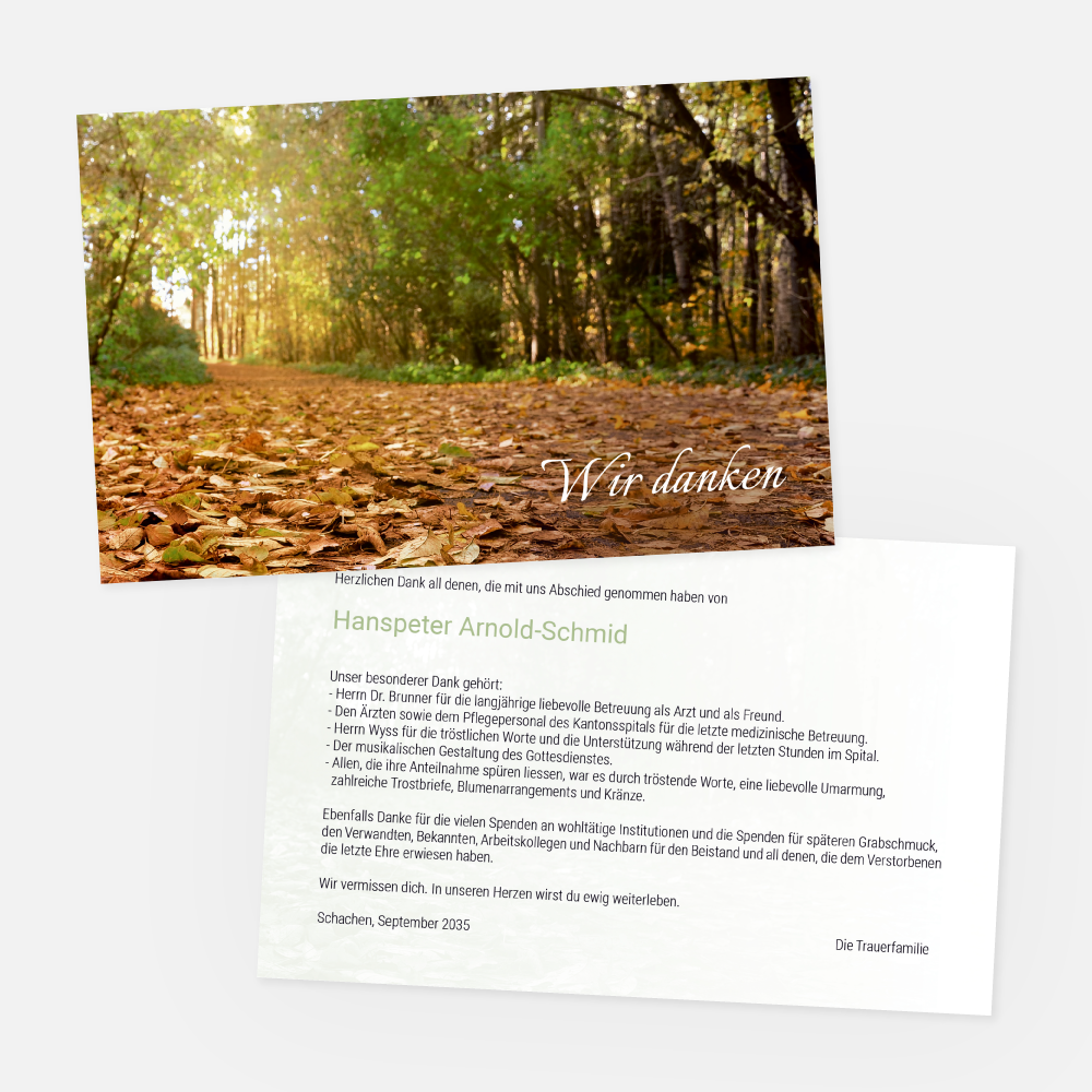 trauerkarten-danksagungskarten-herbst-st-88143-020-vorschau1 Danksagungskarten mit Herbstwald. Einladung zur Trauerfeier in der Farbe grün drucken.