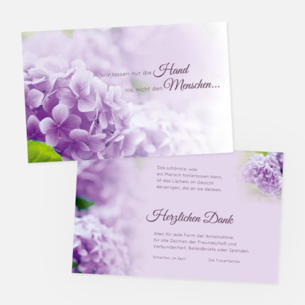 Danksagungskarten mit violetten Hortensien. Einladung zur Trauerfeier in der Farbe violett online gestalten.