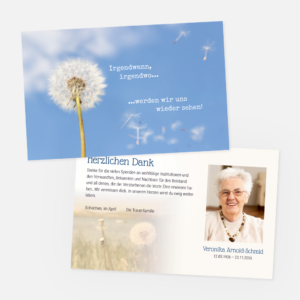 Danksagungskarten mit Pusteblumen, die verwelken. Einladung zur Trauerfeier in der Farbe blau online gestalten.