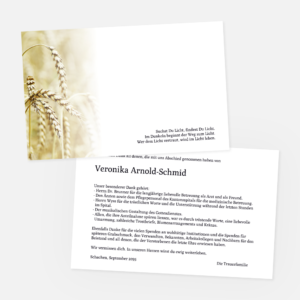 Danksagungskarten mit Kornhalm. Einladung zur Trauerfeier in der Farbe schwarz drucken.