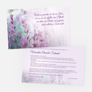 Danksagungskarten mit einer Lavendelwiese. Einladung zur Trauerfeier in der Farbe violett online gestalten.