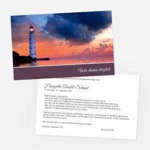 Danksagungskarten mit Leuchtturm bei Abendrot. Einladung zur Trauerfeier in der Farbe violett online gestalten.
