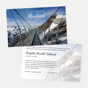 Danksagungskarten mit Hängebrücke auf dem Titlis in Obwalden. Einladung zur Trauerfeier in der Farbe schwarz online gestalten.
