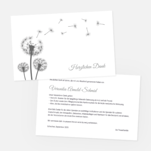 Danksagungskarten mit Pusteblume bei diesen die Samen wegfliegen. Einladung zur Trauerfeier in der Farbe grau online gestalten.