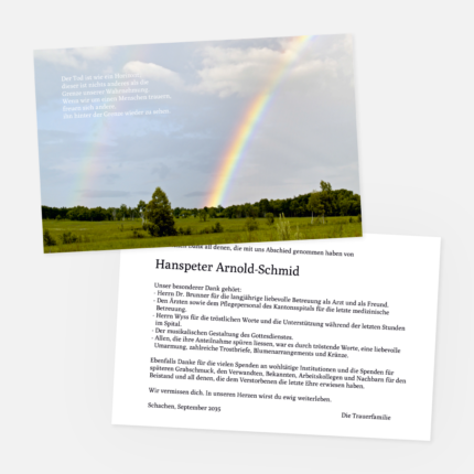Danksagungskarten mit Regenbogen. Einladung zur Trauerfeier in der Farbe schwarz online gestalten.