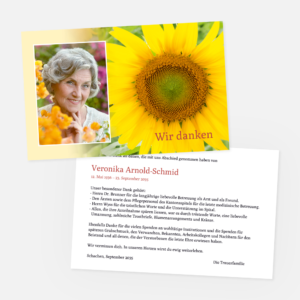 Danksagungskarten mit Sonnenblume. Einladung zur Trauerfeier in der Farbe gelb online gestalten.