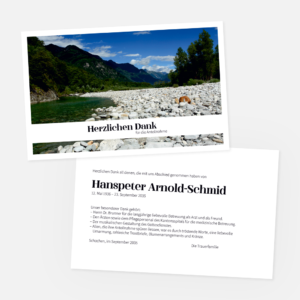 Danksagungskarten mit Maggia. Einladung zur Trauerfeier in der Farbe schwarz online gestalten.