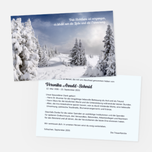 Danksagungskarten mit verschneiter Winterlandschaft. Einladung zur Trauerfeier in der Farbe schwarz online gestalten.
