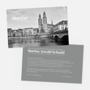 Danksagungskarten mit dem Zürcher Grossmünster an der Limmat. Einladung zur Trauerfeier in der Farbe grau gestalten.