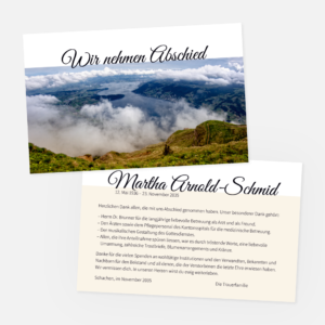 Danksagungskarten mit Aussicht auf den Zugerse. Einladung zur Trauerfeier in der Farbe braun gestalten.