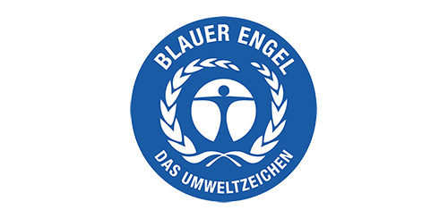 Blaues kreisförmiges Logo mit "BLAUER ENGEL" und "DAS UMWELTZEICHEN" um eine stilisierte weiße menschliche Figur in zwei Lorbeerzweigen.