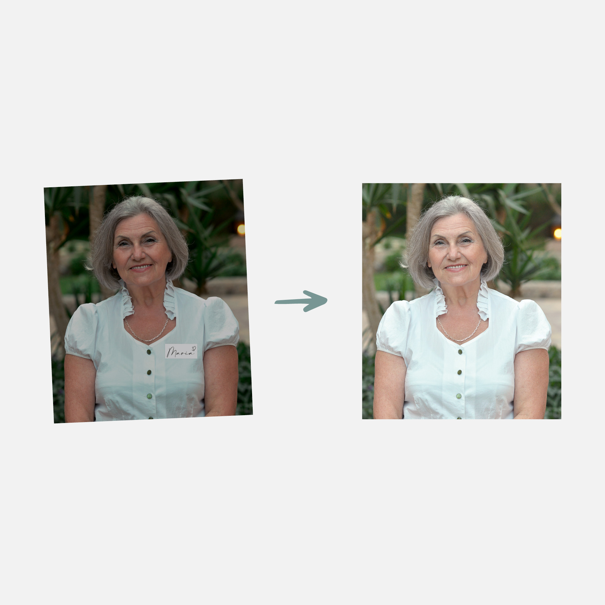 Zwei nebeneinander gestellte Fotos einer älteren Frau mit grauem Haar und weißer Bluse verdeutlichen die Wirkung der Bildbearbeitung: Das linke Foto ist gekippt, während das rechte Foto begradigt und aufgehellt ist, mit einem grauen Pfeil, der von links nach rechts zeigt.