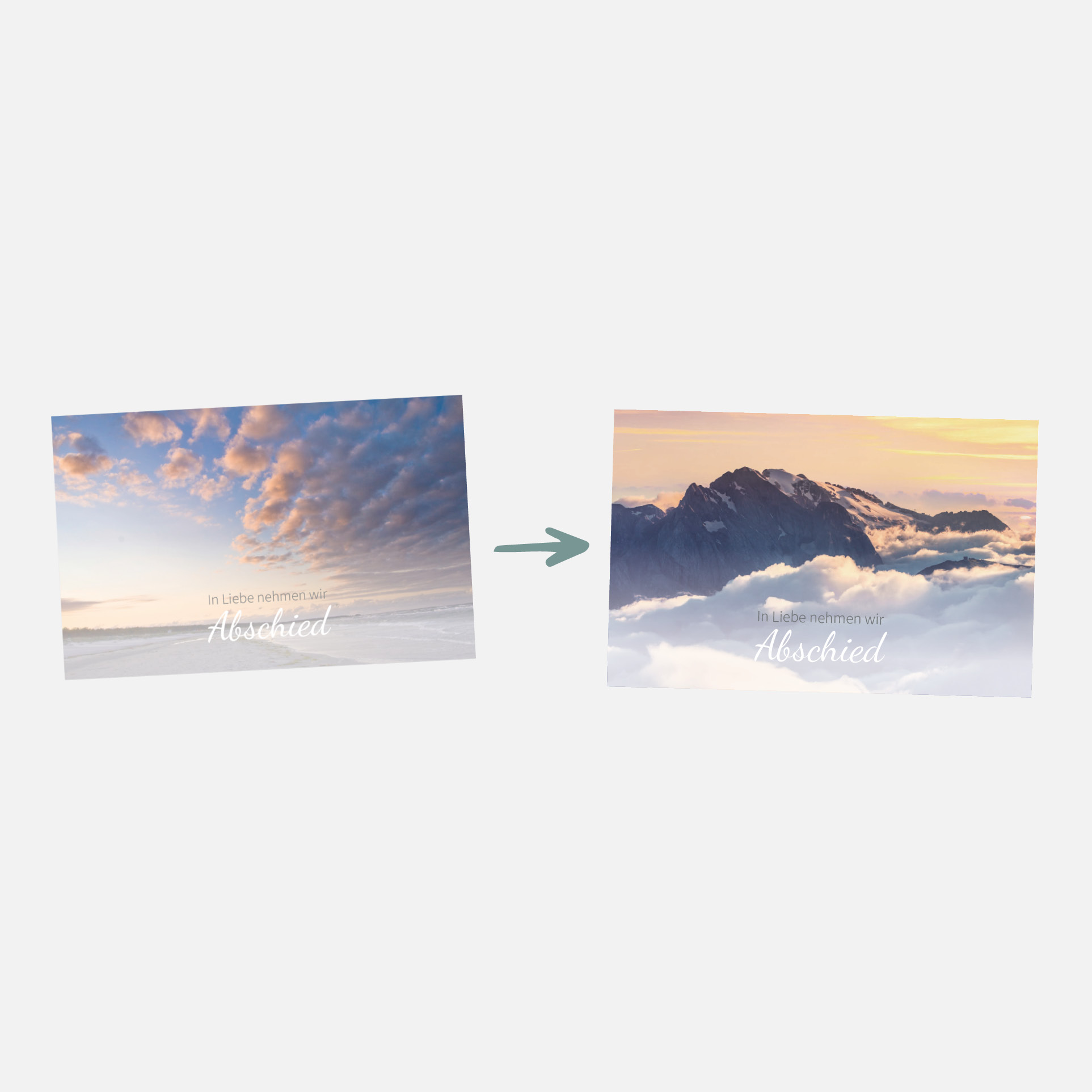 Zwei Gedenkkarten: Die linke, durch Bildbearbeitung vergrößert, zeigt bunte Wolken über schneebedeckten Gipfeln; die rechte zeigt Berge bei Sonnenaufgang über Wolken. Ein Pfeil zeigt von links nach rechts. Beide Karten tragen einen deutschen Text.