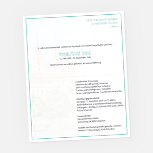 Der Leidzirkular Basler Münster enthält eine Traueranzeige für Veronika Arnold-Schmid mit den wichtigsten Details und Bildern.