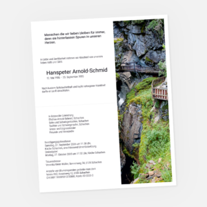 Leidzikular mit Gornerschlucht. Einladung zur Trauerfeier online bestellen.