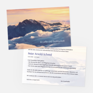 Danksagungskarten mit Bergwelt. Einladung zur Trauerfeier in der Farbe orange online bestellen.