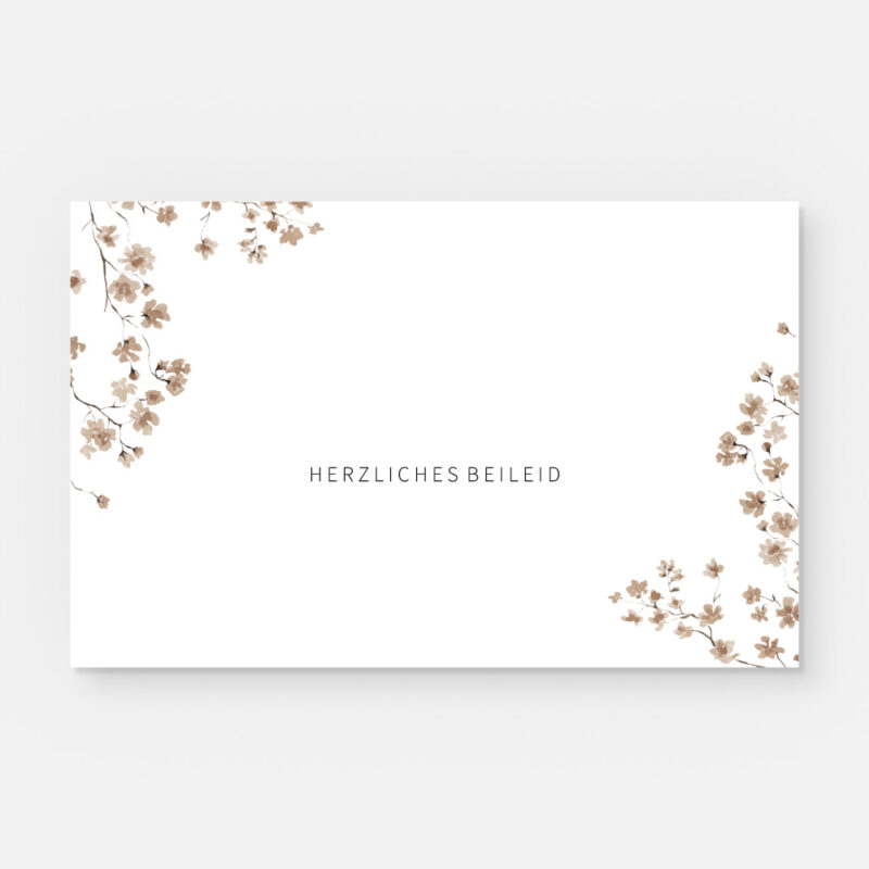 Kondolenzkarte mit Blumen. Einladung zur Trauerfeier in der Farbe weiss drucken.