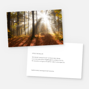Kondolenzkarte mit Herbstwald. Einladung zur Trauerfeier in der Farbe weiss online gestalten.