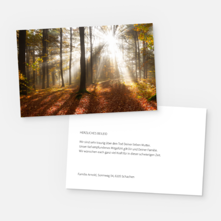 Kondolenzkarte mit Herbstwald. Einladung zur Trauerfeier in der Farbe weiss online gestalten.