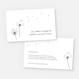 Kondolenzkarte mit Pusteblumen. Einladung zur Trauerfeier in der Farbe schwarz weiss online gestalten.