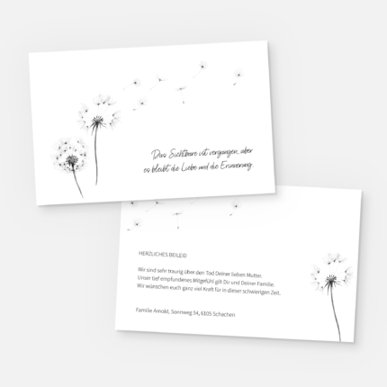 Kondolenzkarte mit Pusteblumen. Einladung zur Trauerfeier in der Farbe schwarz weiss online gestalten.