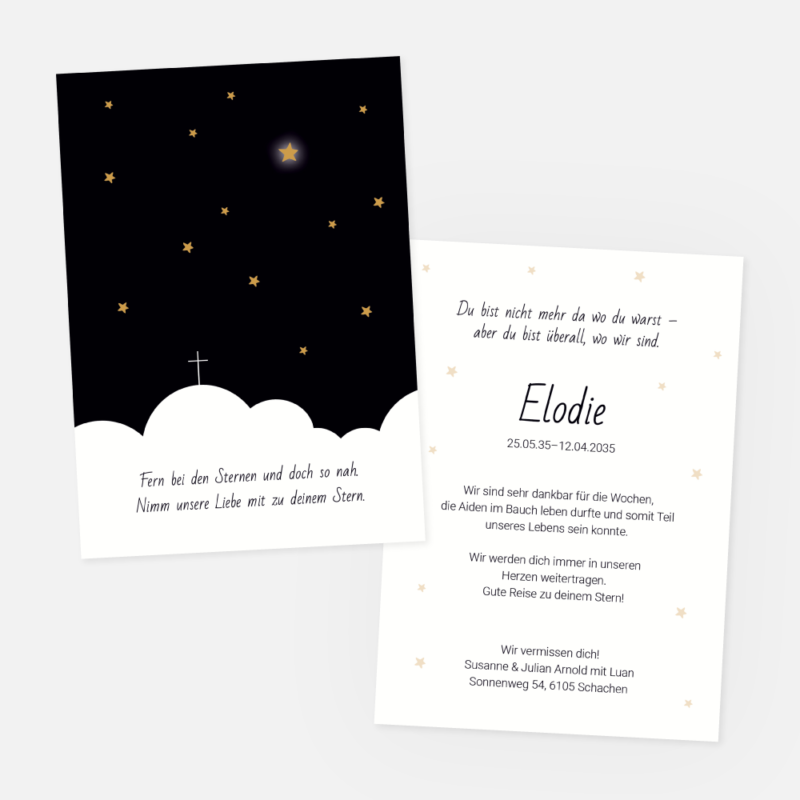 Danksagungskarten mit Sternenhimmel. Einladung zur Trauerfeier in der Farbe schwarz drucken.