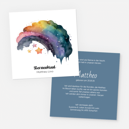 Danksagungskarten mit Regenbogen. Einladung zur Trauerfeier drucken.